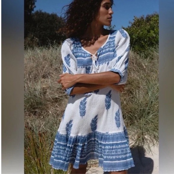 Daughters of India Dresses & Skirts - Daughters of India Mishka Dress Blue White Boho Metallic Lurex Mini Size L NEW